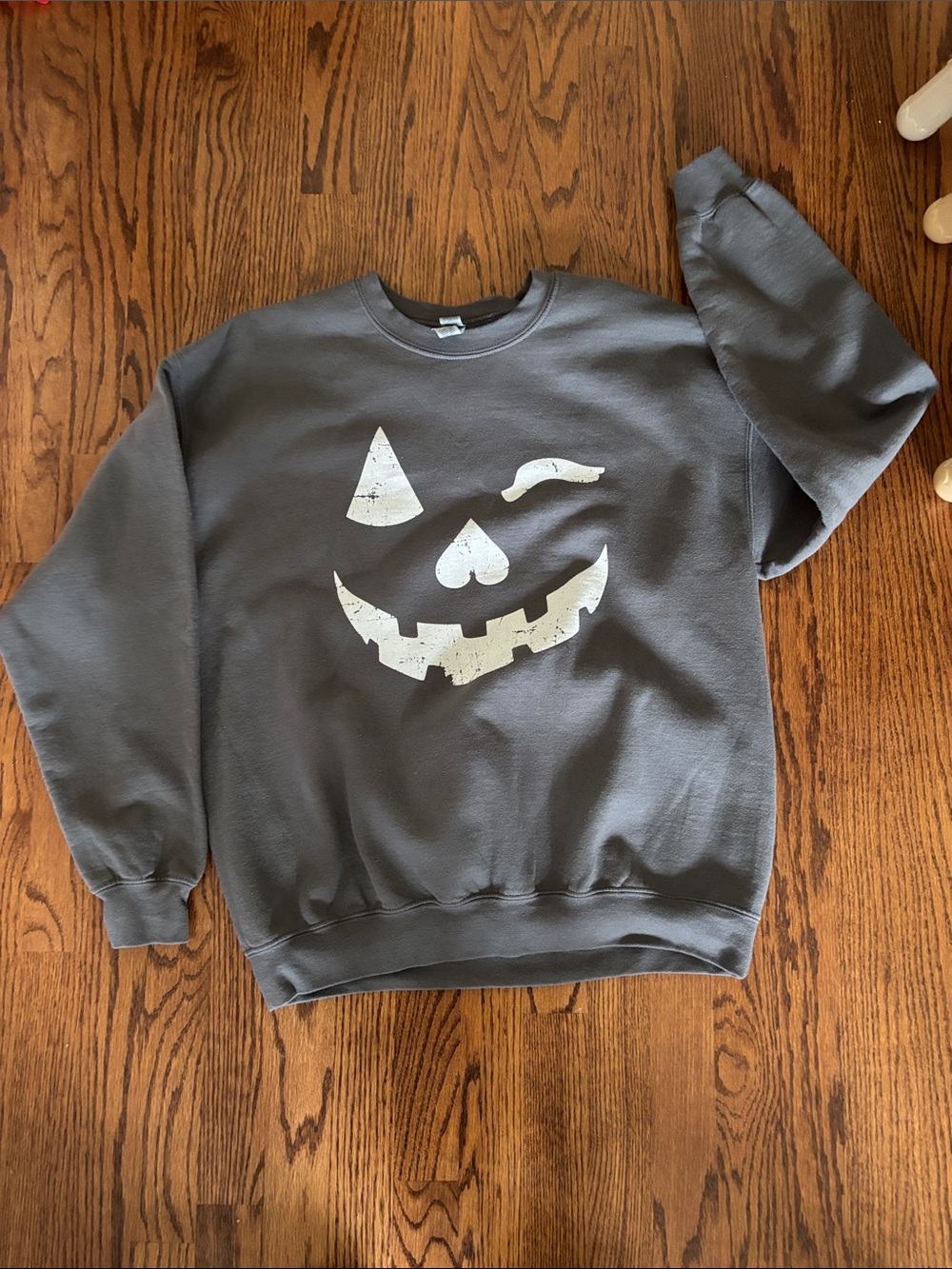 Gildan Charcoal Crewneck Sweatshirt with White Distressed Pumpkin Face